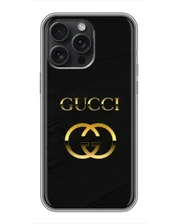 Чохол для iPhone 15 Pro Max з картинкою «Золотий логотип Gucci»