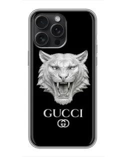 Чехол для iPhone 15 Pro Max с картинкой «Gucci — серебряный лев» Чехол для iPhone 15 Pro Max с картинкой «Gucci — серебряный лев»