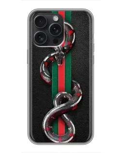 Чехол для iPhone 15 Pro Max с картинкой «Gucci — змея на полосе» Чехол для iPhone 15 Pro Max с картинкой «Gucci — змея на полосе»