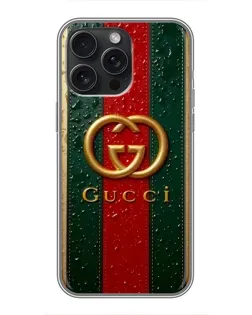 Чехол для iPhone 15 Pro Max с картинкой «Gucci — фирменная полоса и золото» Чехол для iPhone 15 Pro Max с картинкой «Gucci — фирменная полоса и золото»