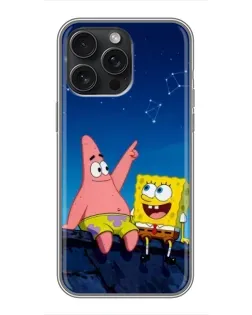 Чохол для iPhone 15 Pro Max з картинкою «Губка Боб та Патрік вночі»
