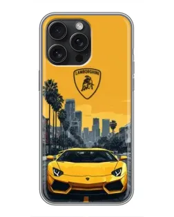 Чохол для iPhone 15 Pro Max з картинкою «Жовтий Lamborghini місто»