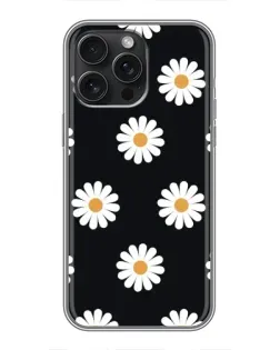 Чехол для iPhone 15 Pro Max с картинкой «Ромашки на черном»