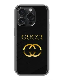 Чехол для iPhone 15 Pro с картинкой «Золотой логотип Gucci»