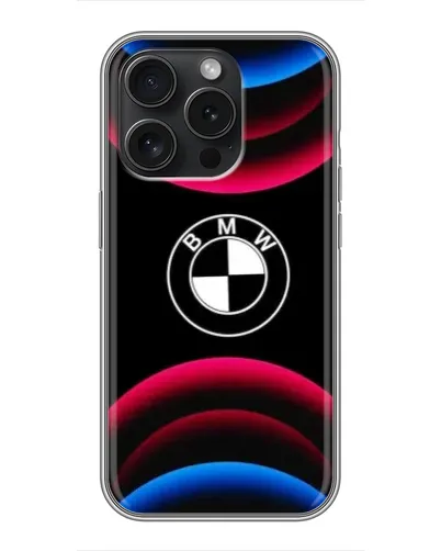 Чехол для iPhone 15 Pro с картинкой «Логотип BMW и неоновые дуги» Чехол для iPhone 15 Pro с картинкой «Логотип BMW и неоновые дуги»