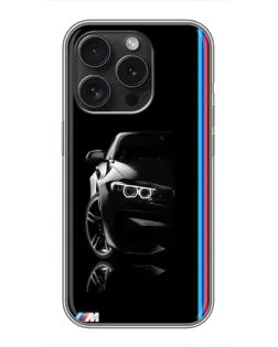 Чехол для iPhone 15 Pro с картинкой «Силуэт BMW в темноте»