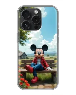 Чехол для iPhone 15 Pro с картинкой «Микки на скамейке»