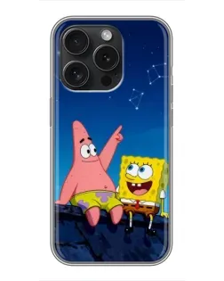 Чехол для iPhone 15 Pro с картинкой «Губка Боб и Патрик ночью»