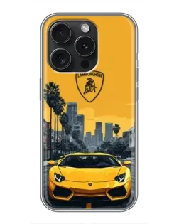 Чехол для iPhone 15 Pro с картинкой «Желтый Lamborghini город»