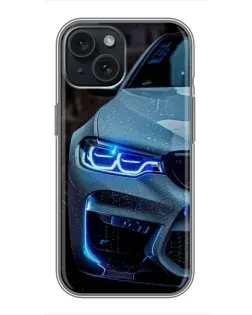 Чохол для iPhone 15 з картинкою «Погляд BMW з синіми фарами»