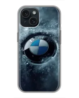 Чехол для iPhone 15 с картинкой «Логотип BMW — лед»
