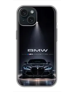 Чехол для iPhone 15 с картинкой «BMW сквозь ночной город»