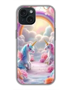 Чохол для iPhone 15 з картинкою «Веселка і єдинороги»