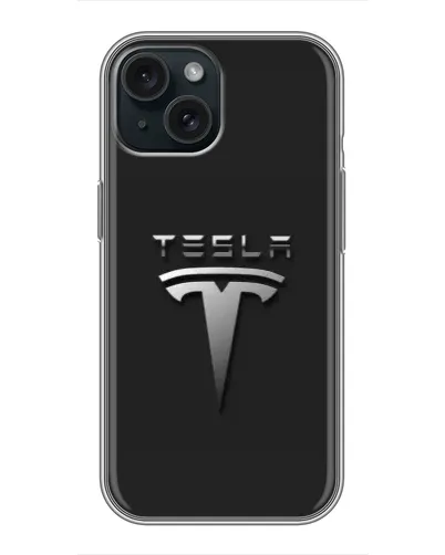 Чохол для iPhone 15 з картинкою «Сталевий логотип Tesla»