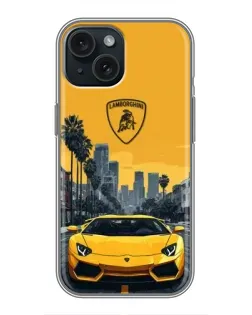 Чохол для iPhone 15 з картинкою «Жовтий Lamborghini місто»