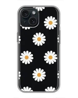 Чехол для iPhone 15 с картинкой «Ромашки на черном»