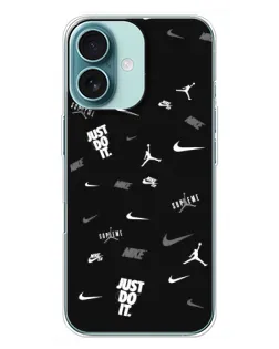 Чехол для iPhone 16 Plus с картинкой «Nike Black Pattern»