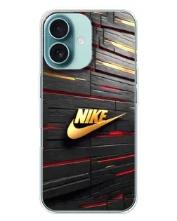 Чехол для iPhone 16 Plus с картинкой «Золотой Nike на металле»