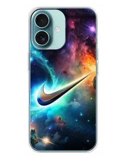 Чехол для iPhone 16 Plus с картинкой «Космический Nike Swoosh»
