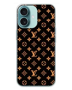Чехол для iPhone 16 Plus с картинкой «Золотая монограмма LV»