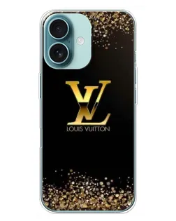 Чехол для iPhone 16 Plus с картинкой «LV — золотые искры»