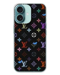 Чехол для iPhone 16 Plus с картинкой «Цветная монограмма LV»