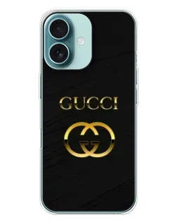 Чохол для iPhone 16 Plus з картинкою «Золотий логотип Gucci»