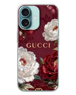 Чохол для iPhone 16 Plus з картинкою «Gucci — бордові троянди»