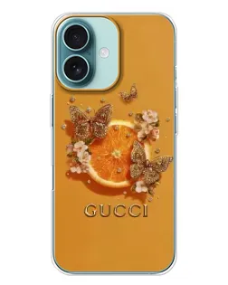 Чохол для iPhone 16 Plus з картинкою «Gucci — золоті метелики»