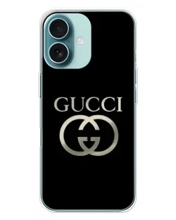 Чохол для iPhone 16 Plus з картинкою «Gucci — золото на чорному»