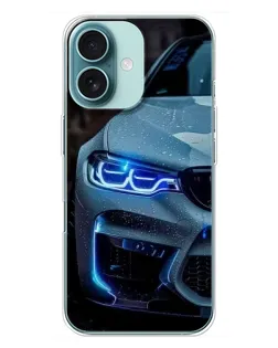 Чохол для iPhone 16 Plus з картинкою «Погляд BMW з синіми фарами»