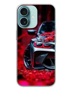 Чохол для iPhone 16 Plus з картинкою «Спортивна BMW та квіти»