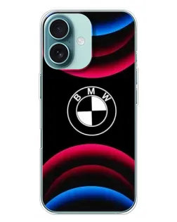 Чохол для iPhone 16 Plus з картинкою «Логотип BMW та неонові дуги»