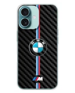 Чохол для iPhone 16 Plus з картинкою «Емблема BMW та карбон»