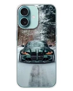 Чохол для iPhone 16 Plus з картинкою «BMW у зимовому лісі»
