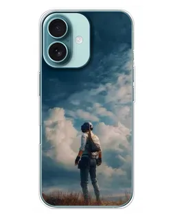 Чехол для iPhone 16 Plus с картинкой «Герой PUBG на скале»