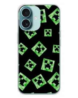 Чехол для iPhone 16 Plus с картинкой «Паттерн с криперами»