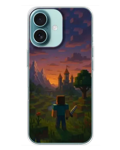 Чехол для iPhone 16 Plus с картинкой «Стив у башни» Чехол для iPhone 16 Plus с картинкой «Стив у башни»