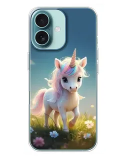 Чехол для iPhone 16 Plus с картинкой «Единорог на поляне»