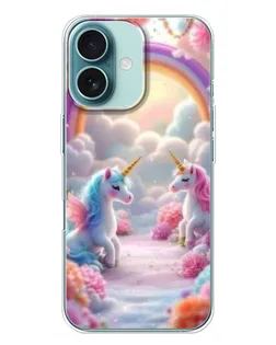 Чехол для iPhone 16 Plus с картинкой «Радуга и единороги»
