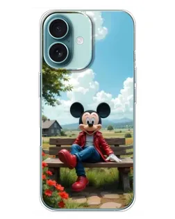Чехол для iPhone 16 Plus с картинкой «Микки на скамейке»
