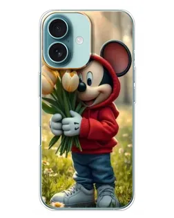 Чехол для iPhone 16 Plus с картинкой «Микки с тюльпанами»