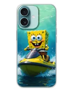 Чехол для iPhone 16 Plus с картинкой «Спанч Боб на гидроцикле»