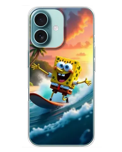 Чехол для iPhone 16 Plus с картинкой «Губка Боб серфингист»