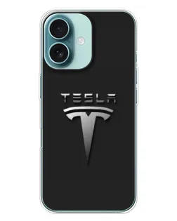 Чехол для iPhone 16 Plus с картинкой «Стальной логотип Tesla»