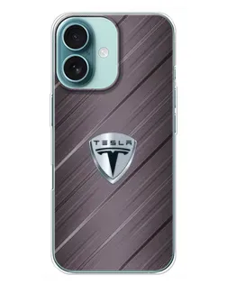 Чехол для iPhone 16 Plus с картинкой «Металлическая текстура Tesla»