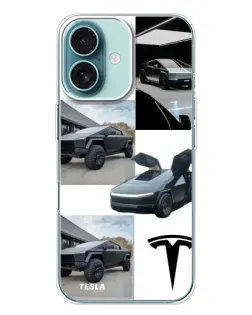 Чехол для iPhone 16 Plus с картинкой «Коллаж Cybertruck Tesla»