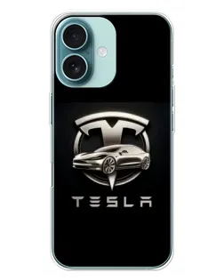 Чехол для iPhone 16 Plus с картинкой «Tesla — серебристое авто»
