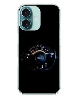 Чехол для iPhone 16 Plus с картинкой «Салон Audi — руль»