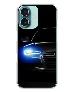 Чехол для iPhone 16 Plus с картинкой «Неоновый взгляд Audi»